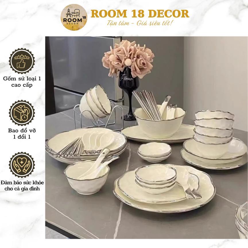 Chén bát đĩa gốm sứ tráng men cao cấp lẻ 1 món họa tiết mây trắng viền bạc đơn giản sang trọng