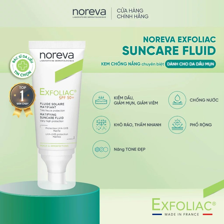 Kem Chống Nắng Cho Da Dầu Mụn Noreva Exfoliac Matifing Suncare Fluid SPP50+ 40ml