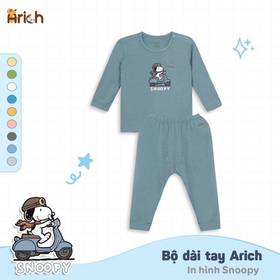 Bộ dài tay in Snoopy Arich, đồ bộ dài tay mùa hè cho bé, vải petit vải sợi tre mềm mát cho bé trai, gái size 9M-6Y