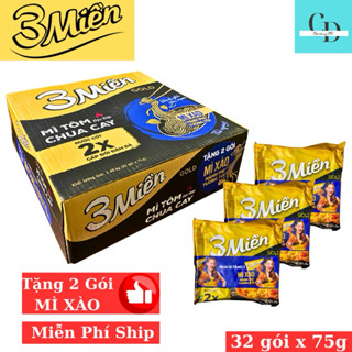 [Tặng 2 Gói Mì Xào] Mì 3 Miền Gold tôm đặt biệt chua cay 1 thùng mì 32 gói x 75g