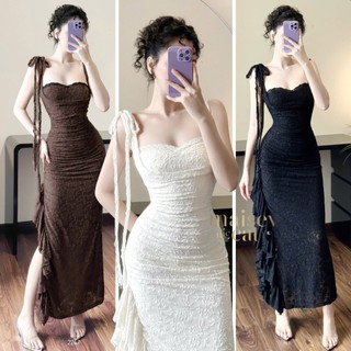   MAISEY 2247  Đầm Body Ren Nhún Phối Bèo Xẻ Tà – Thiết Kế Sang Trọng Quyến Rũ 