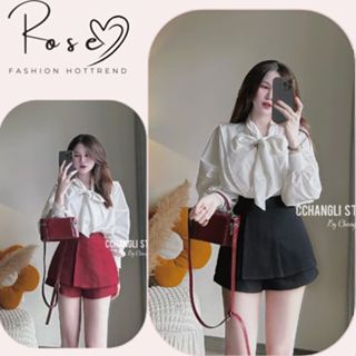 set váy nữ , áo sơ mi nữ phối quần short giả chân váy 2 màu đen đỏ siêu sang phong cách công sở ROSE hcom25339