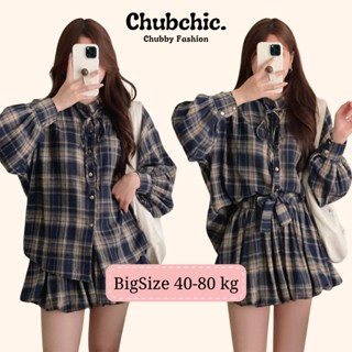 Set nữ BIGSIZE Chubchic set áo sơ mi kẻ caro cổ tàu tay bồng phối dây buộc nơ mix chân váy xoè bí phồng 1303