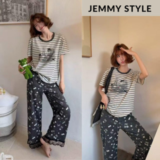 Set đồ nữ, bộ mặc nhà nữ áo thun sọc phối quần dài hoạ tiết nơ ren dễ thương chất thun mát phong cách ulzzang HCOM25346