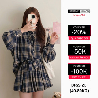 Set nữ BIGSIZE Sài Gòn set áo sơ mi kẻ caro cổ tàu tay bồng phối dây buộc nơ mix chân váy xoè bí phồng 1303