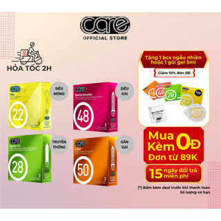 Combo 4 hộp 3 bao cao su siêu mỏng CARE 22, 28, 48, 50, bcs có gai kéo dài thời gian quan hệ (12bcs)