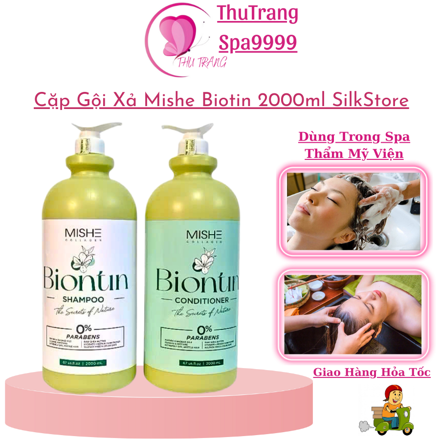 Cặp Gội Xả Mishe Biotin 2000ml SilkStore+ Dưỡng Tóc Kích Mọc Tóc Giảm Gẫy Rụng Chai 2000ml