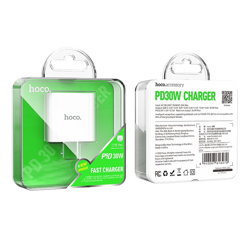 Củ sạc nhanh Hoco C76 Pro PD30W đầu ra Type-c, chất liệu PC + ABS chống cháy