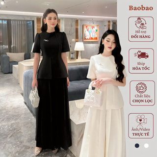 Set áo peplum kèm quần ống rộng xếp ly, set công sở thanh lịch, set bộ nữ sang chảnh màu kem B161