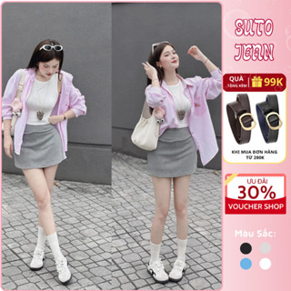 Set đồ nữ, đồ bộ nữ 3 chi tiết áo thun sát nách phối áo sơ mi dài tay vạt đuôi tôm mix quần sooc giả chân váy HCOM25357