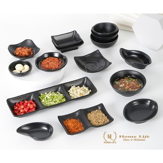 Khay đựng nước chấm 2 ngăn Đen Mờ T68 | Khay đựng gia vị 2 ngăn chất liệu Melamine A5 Cao Cấp chống va đập - chống cháy