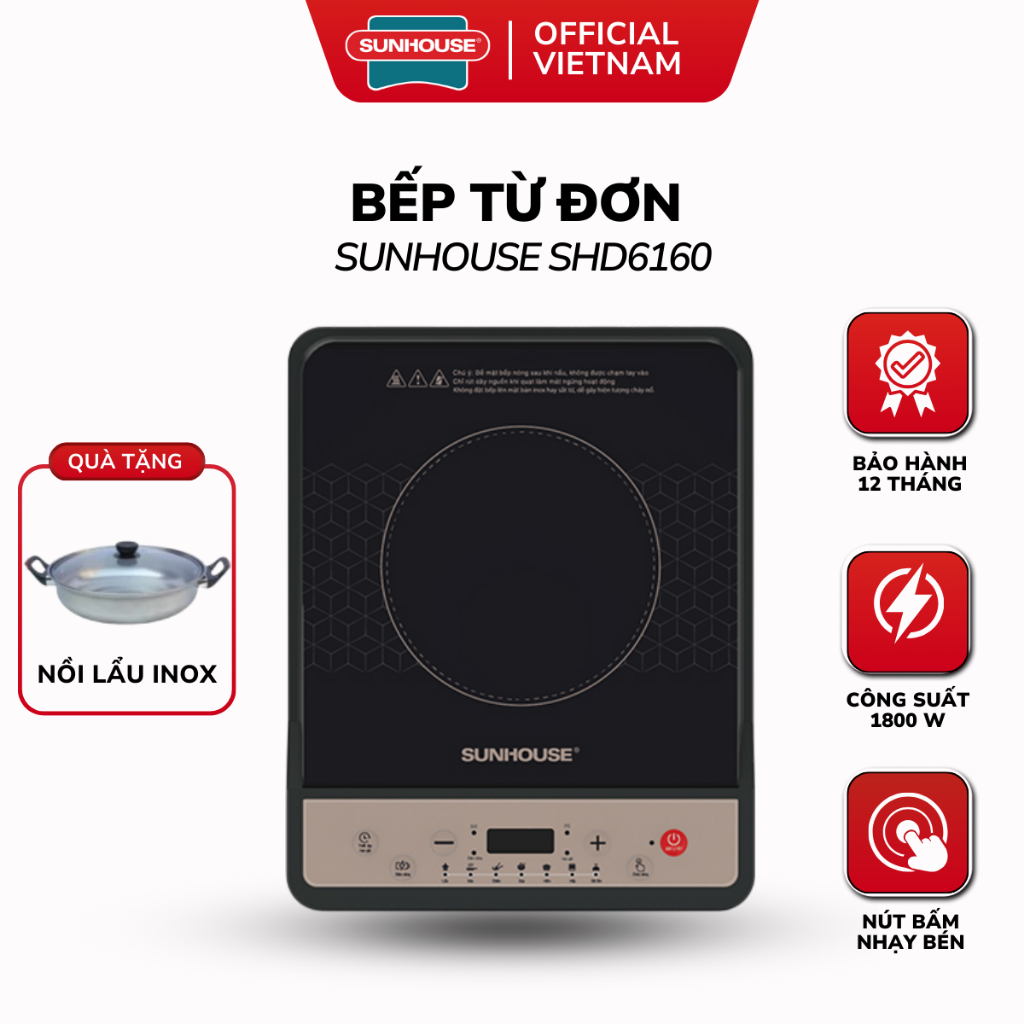 Bếp Điện Từ Đơn SUNHOUSE SHD6160 - 1800W, Nấu Nhanh, Tiết Kiệm Năng Lượng, Bảo Hành 12 Tháng