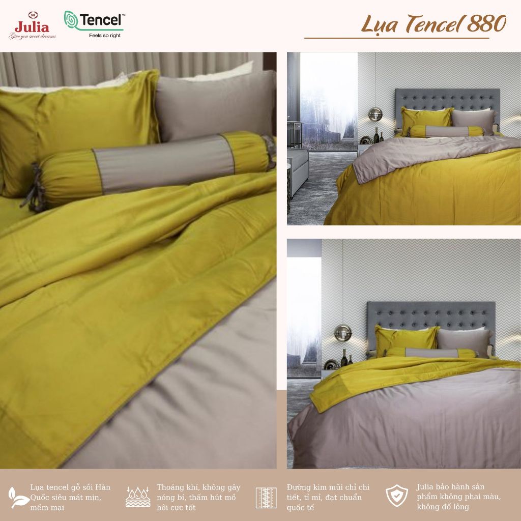 Bộ chăn ga gối ra giường màu vàng lụa tencel siêu mềm mịn Hàn Quốc Julia 880