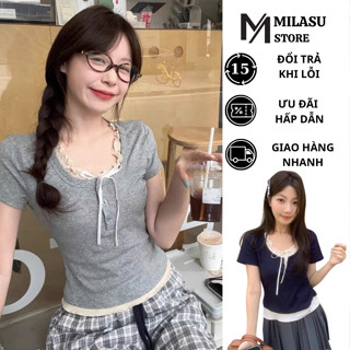 Áo thun tăm cộc tay phối bèo buộc dây MILASU áo nữ cổ tròn thoáng mát A392