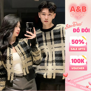  Set Đồ Đôi Áo Len Nam Nữ Dài Tay Thiết Kế Kẻ Sọc Màu Đen Be Phong Cách Hàn Quốc 
