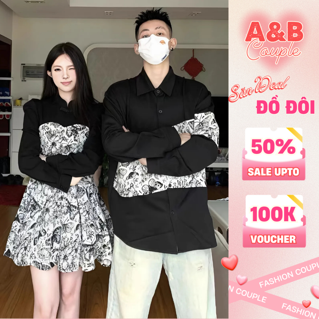 Couple Set đôi Áo Sơmi Nam và Váy Nữ Phối Hoa Dáng Ngắn Tay Dài Phong Cách Hàn Quốc