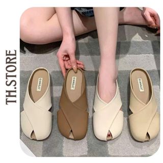 TH.STORE Giày sục nữ đế bệt bít mũi, Giày da mũi chéo màu trắng kem và nâu phong cách Hàn Quốc (701)