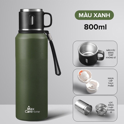 Bình Giữ Nhiệt Maxcare 800ml Inox 316 cao cấp Giữ Nhiệt 6-10 Giờ Có Cốc Đựng Trà, Lõi Lọc, Quai Đeo Silicon
