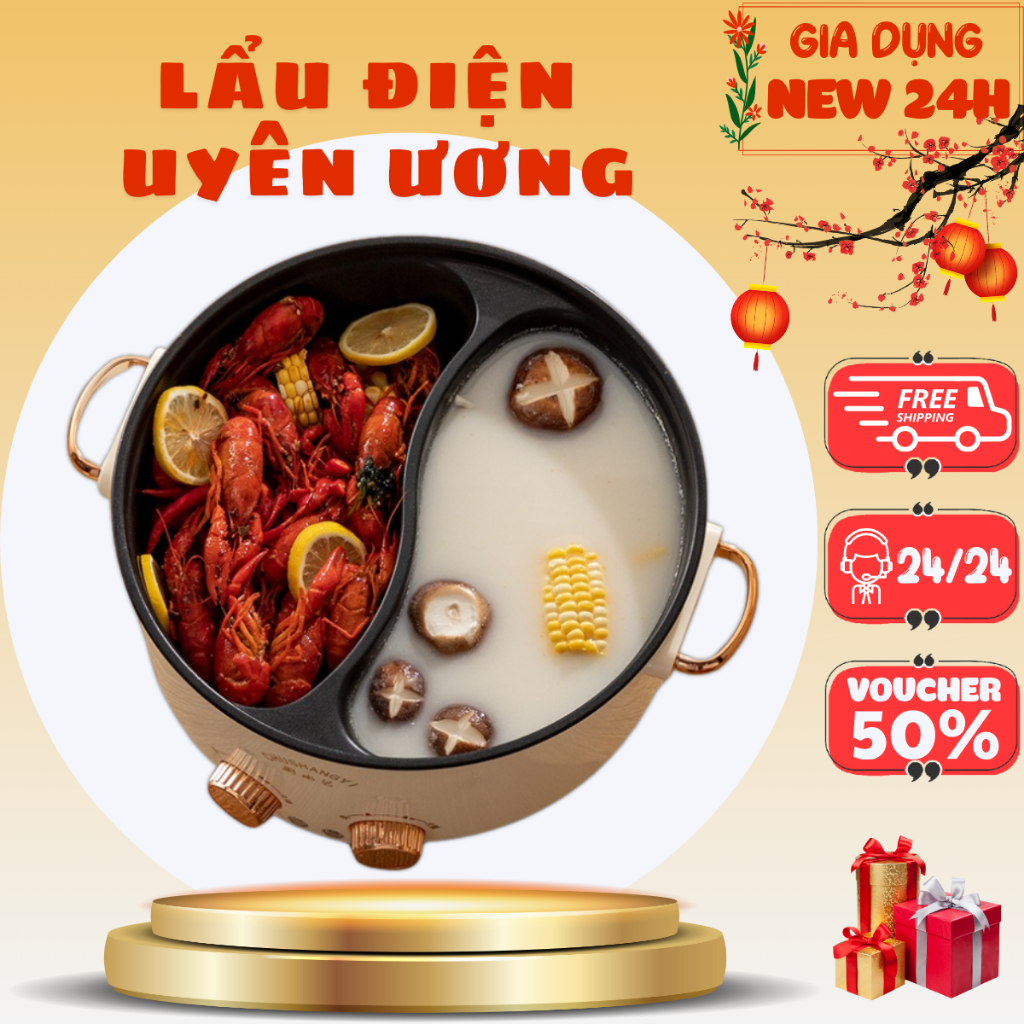 Nồi Lẩu Điện Uyên Ương 2 Ngăn Dung Tích Lớn Có Thể Chiên, Xào, Nấu, Nồi Điện 2 Ngăn, Nồi Lẩu Đa Năng