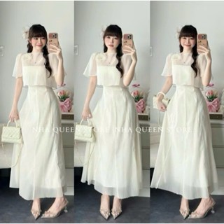 Sét đầm thiết kế tiểu thư sang chảnh, đầm tơ nến 2 dây có mút dáng dài xòe nhẹ kèm áo choàng croptop tay ngắn đính hoa