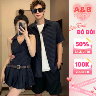 Couple Set Đôi Váy Nữ Ba Lỗ Và Áo Sơmi Nam Kẻ Dọc Phong Cách Hàn Quốc