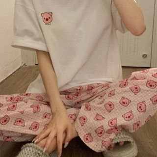 Quần dài mặc nhà dáng rộng in họa tiết hoạt hình dễ thương phong cách Hàn Quốc