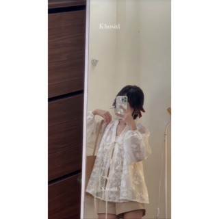 |Khositl| set áo baybydoll ren hoa tay dài phồng + short