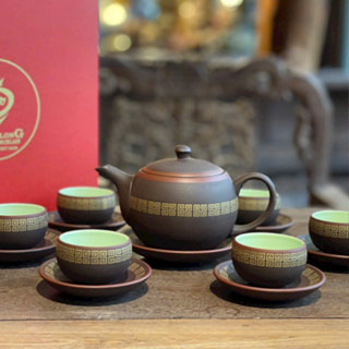 Bộ Ấm Trà Nâu Viền Vàng Bát Tràng Cao Cấp - Nghệ Nhân Phạm Thế Anh -Dung Tích 300ml