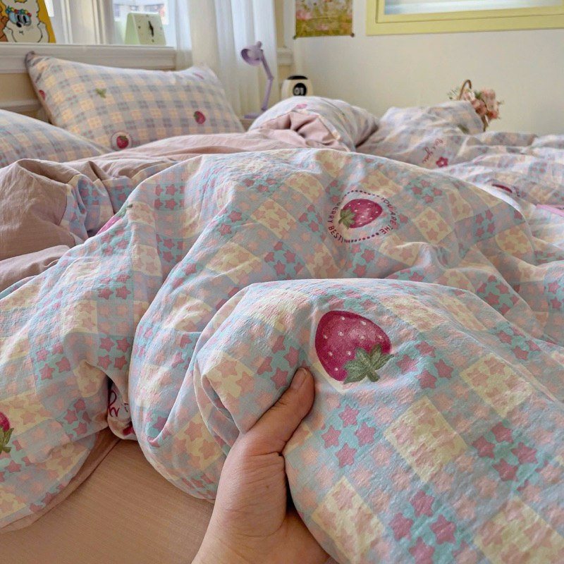 ( Không Kèm Ruột )Bộ Vỏ Chăn Ga Gối Cotton Đũi Sợi Tre 4 Món Mềm Mịn, Họa Tiết 3D Dễ Thương