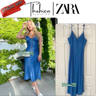 THUHIENZR(sẵn S)Váy midi ZARA 1165/110/404 lụa xanh dương sáng viền ren ngực(kèm ảnh thật)