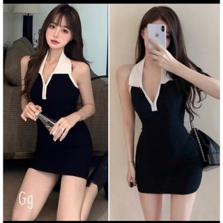 ĐẦM Body Tăm GÂN PHỐI CỔ Trụ Cài Khuy Dáng Ngắn Ôm