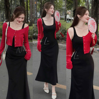 SET Đầm Maxxi Hai Dây GÂN Dáng Dài Xoè Chữ A KÈM KHOÁC ĐỎ Tăm Nútt