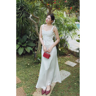 SET ÁO 2 DÂY CHẠY CHUN SIẾT EO CÚP NGỰC MIX CHÂN VÁY LỤA DÁNG DÀI 2 LỚP DÀI 94CM PHONG CÁCH SANG CHẢNH