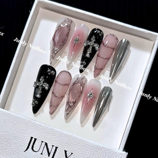 Nailbox thiết kế tráng gương ánh hồng thánh giá bạc cho nữ đi tiệc móng tay giả xinh xắn mã 526