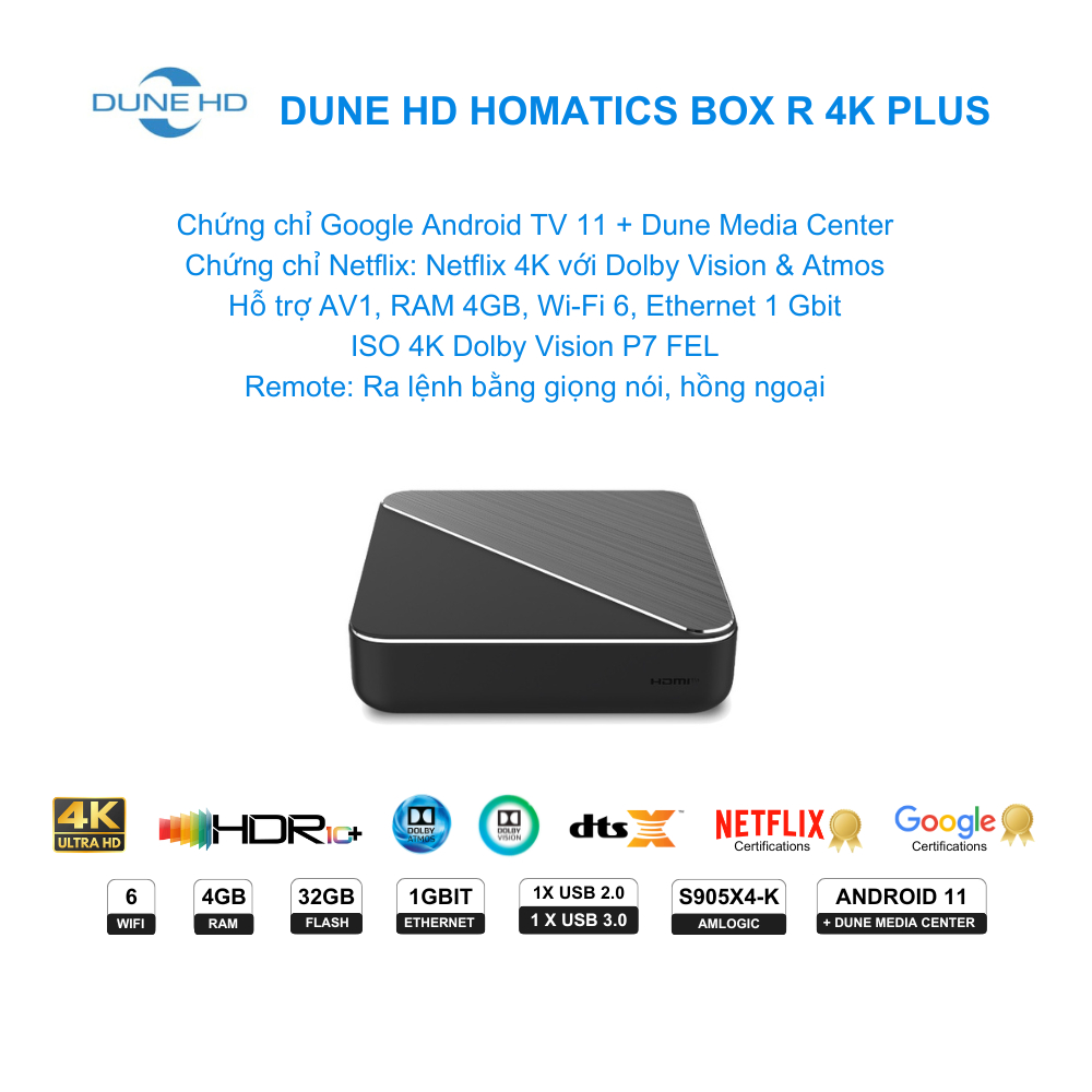 Android TV Box Dune Homatics Box R 4K Plus - Dune HD Media Center | Chứng chỉ Netflix & Google, Dolby Vision, Atmos