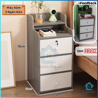 Tủ đầu giường có khóa an toàn, Tab đầu giường 3 ngăn kéo gỗ MDF, kệ để đồ, decor phòng ngủ - Homie