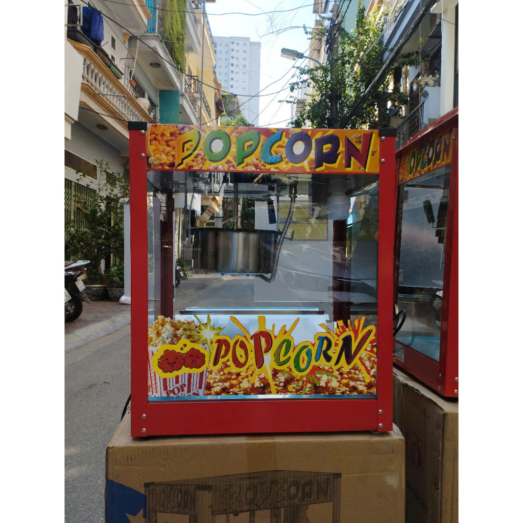Máy làm bỏng bắp rang bơ chạy điện có tủ kính cường lực, Máy nổ bỏng ngô có chế độ nhiệt, có đèn chiếu sáng