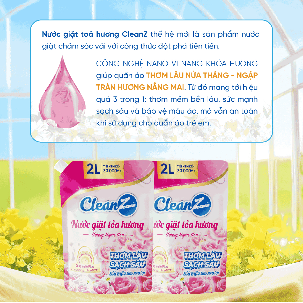 [MUA 1 TẶNG 1] Nước giặt xả tỏa hương CleanZ đánh bay vết bẩn, hương thơm mềm mại 2L