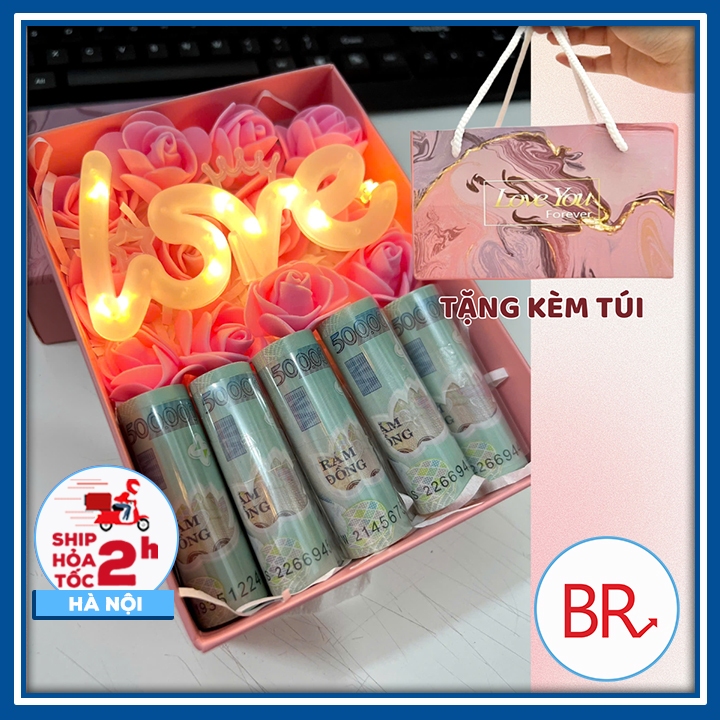 Hộp quà hoa Kèm đèn Led Chữ Love,Túi ngăn đựng tiền–BOX HOA TIỀN Valinetine 6/4 Quà Tặng mẹ,người yêu 02709
