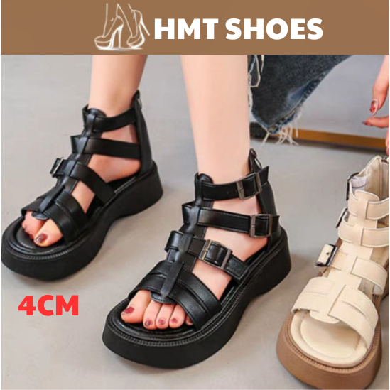 GIÀY SANDAL NỮ ATHENA Cổ Cao Kéo Khóa Phía Sau Kiểu Dáng Hàn Quốc quai hậu Màu Đen/Kem - Giày HMT Sh
