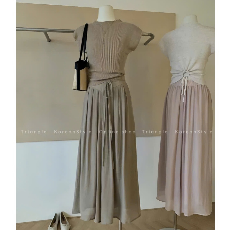 Triangle - 4Season Knitted Áo dệt kim ngắn tay kiểu dáng mỏng, dễ mặc, phong cách Hàn Quốc thanh lịc