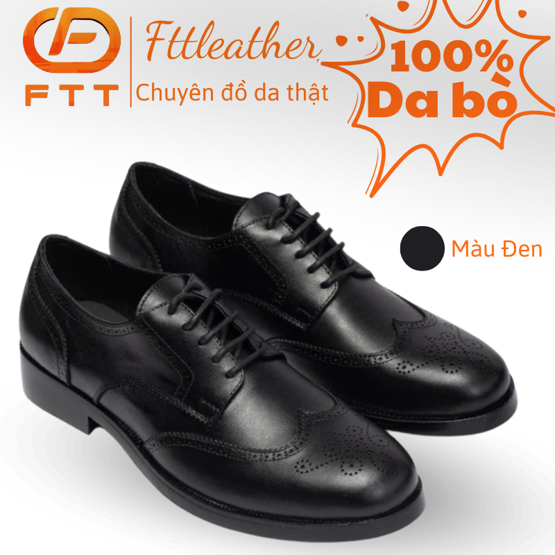 Giày da bò nam FTT Leather Giày Wingtip Derby đế phíp màu đen mã F64040