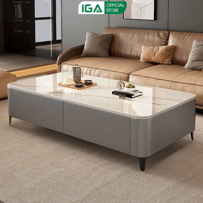 Bàn trà sofa phòng khách hoạ tiết vân đá bọc viền da thương hiệu IGA - GP379