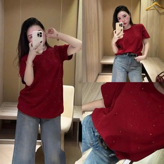  Freeship  Áo Phông Đỏ Đính Đá Bling Bling Chất Cotton 2 Chiều Cao Cấp 