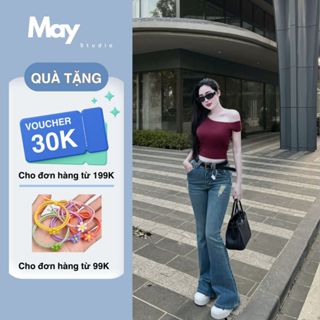 Quần Jeans Nữ Ống Loe , Quần Bò Nữ Óng Loe Lưng Cao Hack Dáng Rách Nhẹ Tạo Điểm Nhấn Tô Điểm HS07