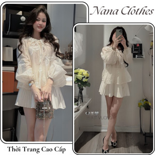   SET VÁY NỮ  Set tiểu thư áo tay dài bồng mix chân váy xếp ly chất thô đũi hàn cao cấp -HCOM25352- Nana Clothes 