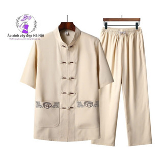 Bộ trung niên nam Size từ 42kg-85kg, Quần áo trung niên cho ông, bố, Kiểu dáng cổ tàu chất liệu đũi mềm mại thoáng mát