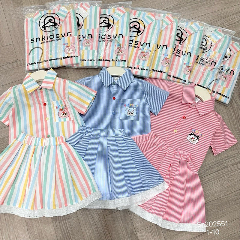 Set bộ bé gái SN1, Set áo sơ mi kèm chân váy kẻ 3 mẫu cho bé gái