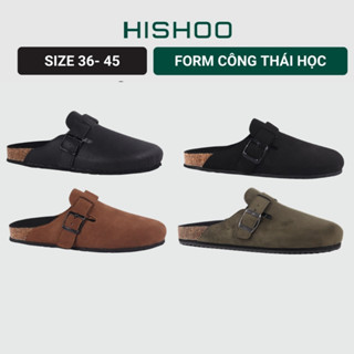 Dép đế trấu sục Boston nam nữ unisex quai ngang da lộn/da saffiano đi học công sở bigsize chính hãng Hishoo VNXK  R109