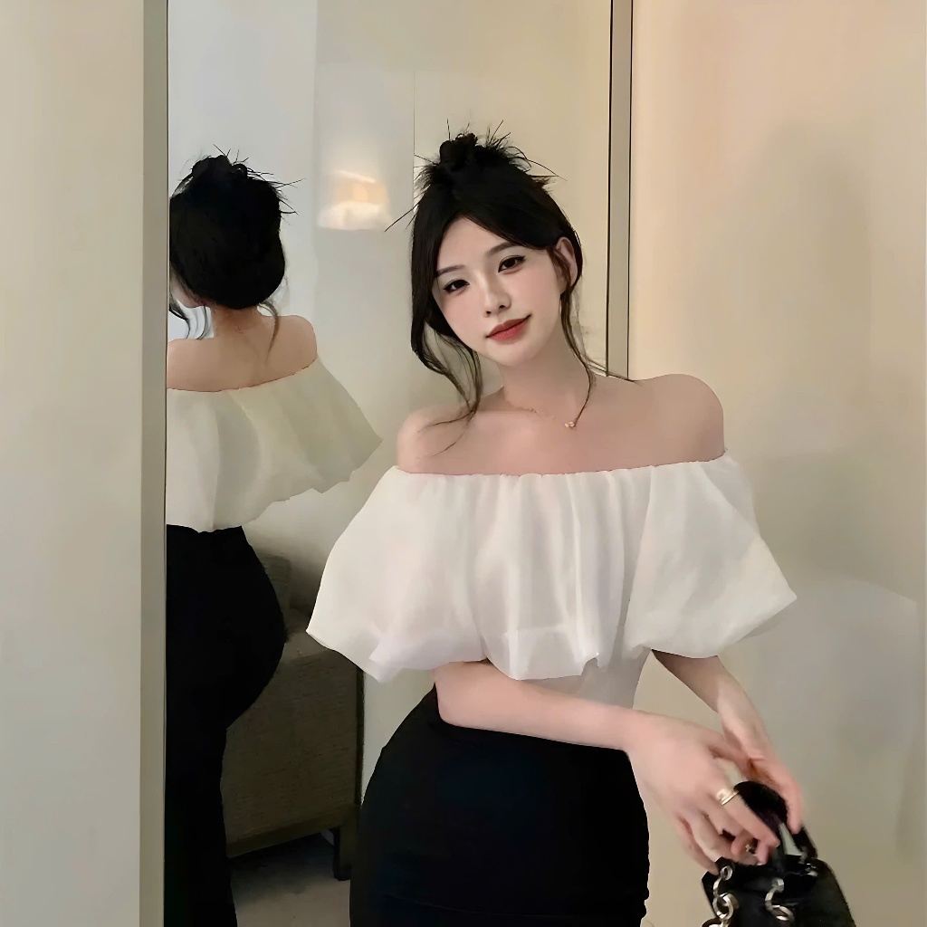 Áo Trễ Vai Tay Bồng Dáng Ngắn Bánh Bèo Chất Liệu Tơ Xốp | BigBuy360 - bigbuy360.vn